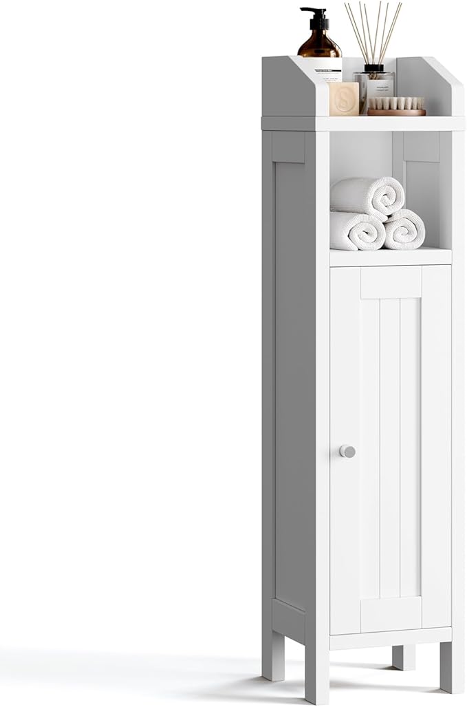 VINGLI Small Storage Corner Floor Cabinet, 7.9" Narrow Toilet Paper Storage Holder with Fluted Door, Skinny Freestanding Organizer for Small Spaces, Slim Bathroom Storage Cabinet, White