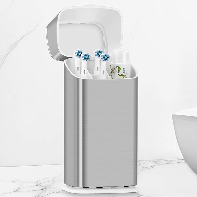 GFWARE Electric Toothbrush Holders with Cover - Dustproof Tooth Brush Holder for Bathroom, Covered Toothpaste and Toothbrush Holder with Drainage, Bathroom Toothbrush Organizers with Lid, Silver