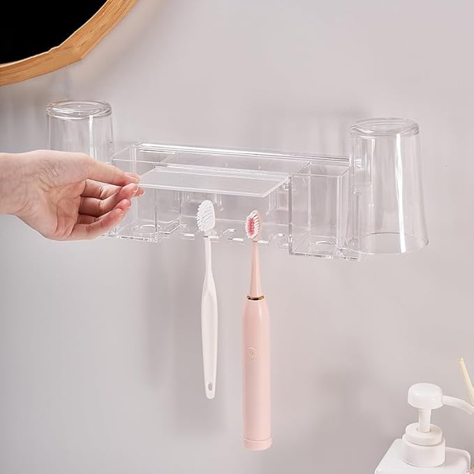 5 Slots Wall Mount Toothbrush Holder with Cover, Self Adhesive Toothbrush Storage Organizer for Shower, Toothpaste & Toothbrush Hanger for Bathroom, Medicine Cabinet, Dorm (Clear Large)