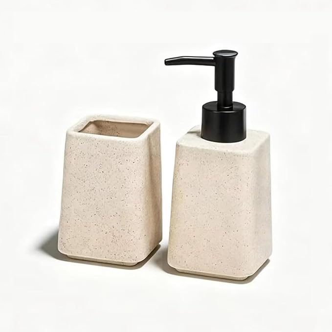 Beige Soap Dispenser and Toothbrush Holder Set,2pcs Ceramic Bathroom Accessories Set,Lotion Dispenser and Tumbler for Modern Bathroom Decor