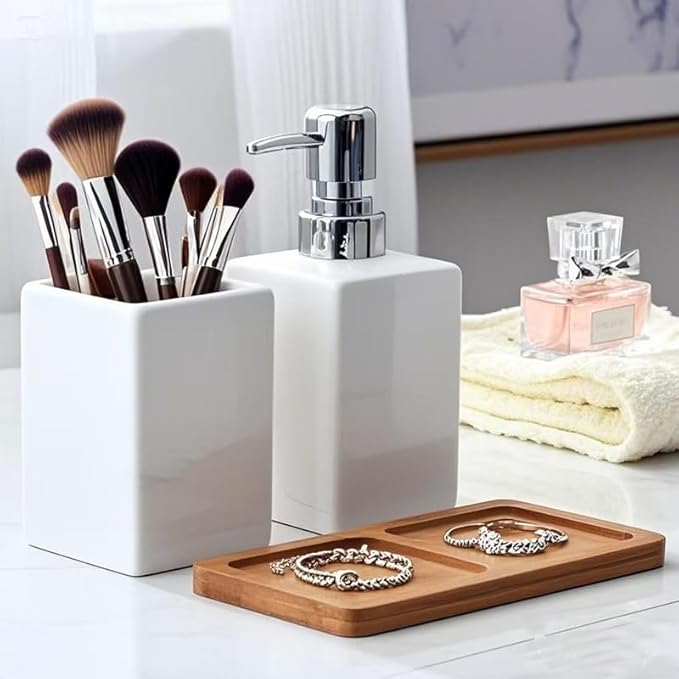White Bathroom Accessories Set 2Pcs,Ceramic Soap Dispenser and Toothbrush Holder,Modern Decor Square Countertop Bath Set with Toothbrush Cup