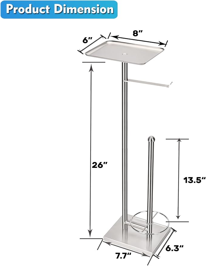 Toilet Paper Holder with Shelf, Toilet Paper Stand with Storage for Holding Extra 3 Rolls, Freestanding Toilet Paper Holder for Bathroom (Brushed Nickel with Metal Base)