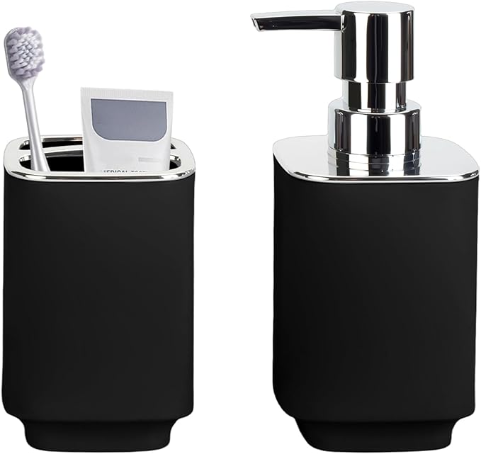 Black Bathroom Accessories 2 Pieces, Soap Dispenser and Toothbrush Holder Set for Boho Bathroom