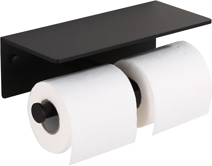 Toilet Paper Holder - Double Rolls Toilet Tissue Holder with Phone Shelf for Bathroom - TP Roll Holder with Wipes Storage, Wall Mounted by Adhesive Pad No Drilling or Screw - Matte Black