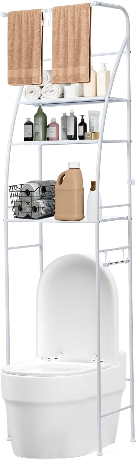 3-Tier Over The Toilet Rack,Bathroom Shelf Space Saver,Corner Stand Storage Organizer Accessories,The Over The Toilet Storage,with Hanging Rod,Tower Shelf,White(White-fcksj, one Size)