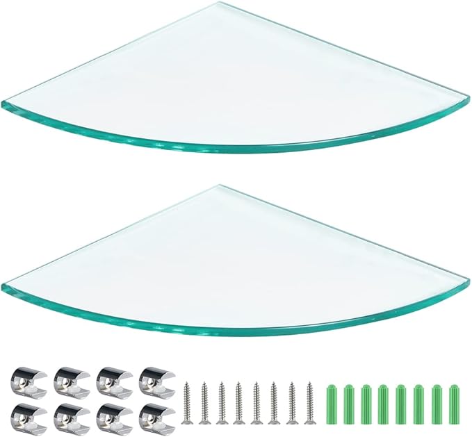2 Pcs Tempered Glass Corner Shelf with 8 Brackets, 9.5" x 9.5" Floating Shower Caddy, Wall Mounted Shampoo Holder Organizer for Bathroom, Kitchen, Living Room