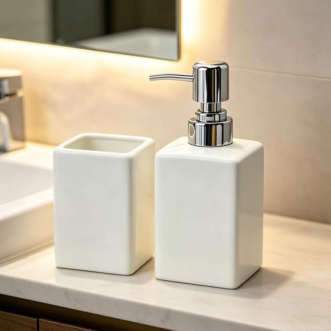 White Bathroom Accessories Set 2Pcs,Ceramic Soap Dispenser and Toothbrush Holder,Modern Decor Square Countertop Bath Set with Toothbrush Cup