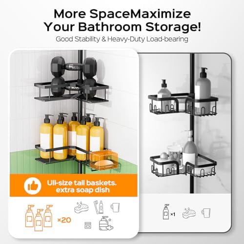 HAMITOR Shower Caddy Tension Pole: 4-Tier Corner Bathroom Organizer Shelf with Soap Holder & Hooks - No-Drill Adjustable Standing Storage Rack for Apartment Renters - 47-123 Inch Black