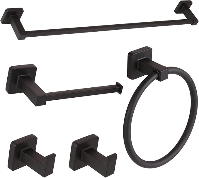 5 Pieces Black Bathroom Hardware Set,Wall Mounted 23.6 inch Towel Bar Set Matte Black,Towel Rack Set,Toilet Paper Holder,Matte Black Bathroom Accessories Set