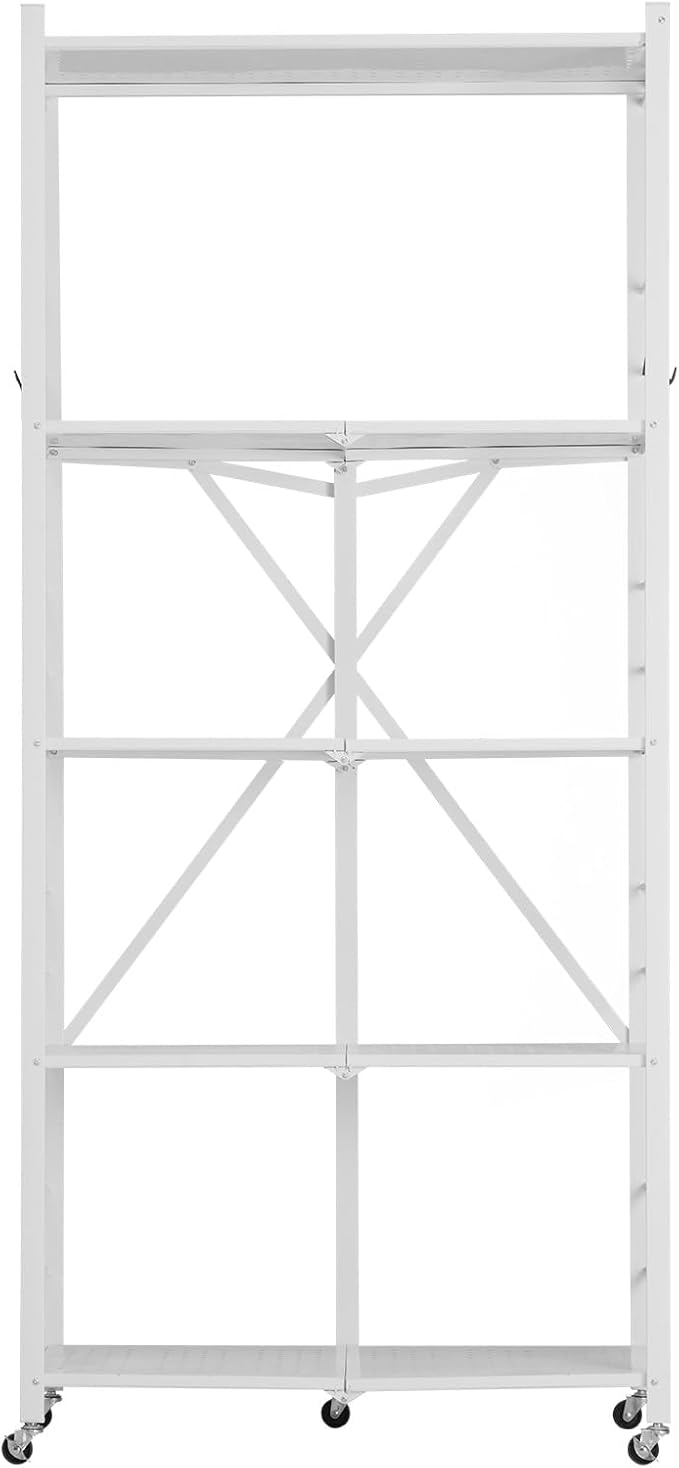 VEVOR 5-Tier Foldable Storage Shelf, 32W x 14D x 72H Inch Folding Metal Rack Shelving Unit, Heavy Duty No Assembly Organizer Shelf with 5 Wheels & 4 Hooks for Pantry, Kitchen, Garage, Basement, White