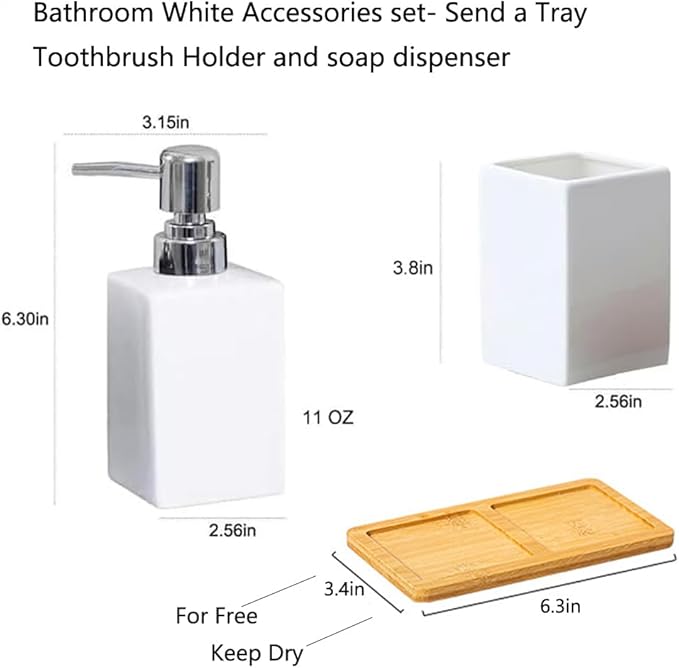 White Bathroom Accessories Set 2Pcs,Ceramic Soap Dispenser and Toothbrush Holder,Modern Decor Square Countertop Bath Set with Toothbrush Cup