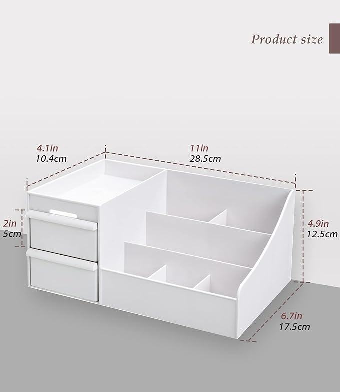 Makeup Desk Cosmetic Storage Box Organizer with Drawers for Dressing Table, Countertop, Bathroom Counter, Elegant Vanity Holder for Brushes, Eyeshadow, Lotions, Lipstick and Nail Polish (White)