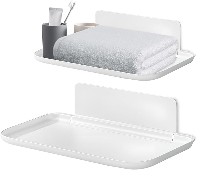 2 Pack White PP Folding Wall Shelf, 6.8" x 4.3" & 11" x 6.3" Foldable Adhesive Shelves, Small Fold-Down Wall Storage Tray for Bathroom Toilet Kitchen Phone Towel
