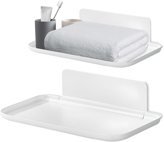 2 Pack White PP Folding Wall Shelf, 6.8" x 4.3" & 11" x 6.3" Foldable Adhesive Shelves, Small Fold-Down Wall Storage Tray for Bathroom Toilet Kitchen Phone Towel