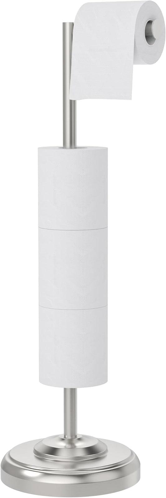 Toilet Paper Holder Stand with Storage – 4 Extra Rolls –Brushed Nickel Toilet Paper Holder for Bathroom – Sturdy Base, Classic Retro Style, Space-Saving Bathroom Storage Organizer, Sliver