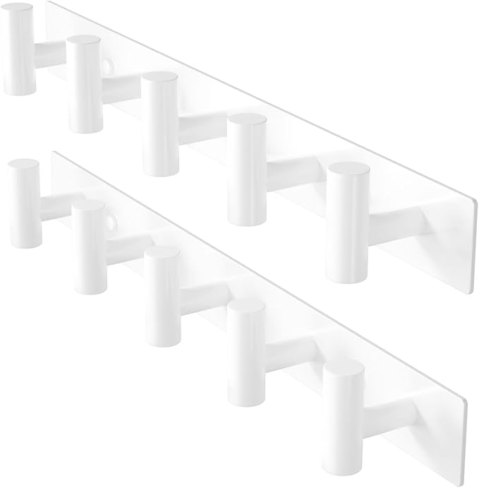 GWAAZXGZ White Wall Mounted Coat Rack – 5 T-Shaped Pegs for Hats, Bags & Towels, Heavy-Duty Metal Rail for Entryway, Bathroom, Closet, Bedroom (2 Pack)