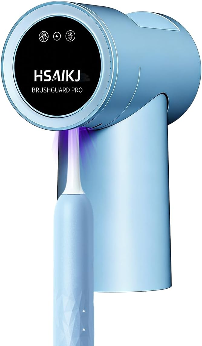 Wall Mounted Toothbrush Holder for Bathroom, Electric Toothbrush Organizer with Smart Lid Sensor, UV Light Care & Heated Air Drying, Magnetic Cup & Toothpaste Storage (Blue)