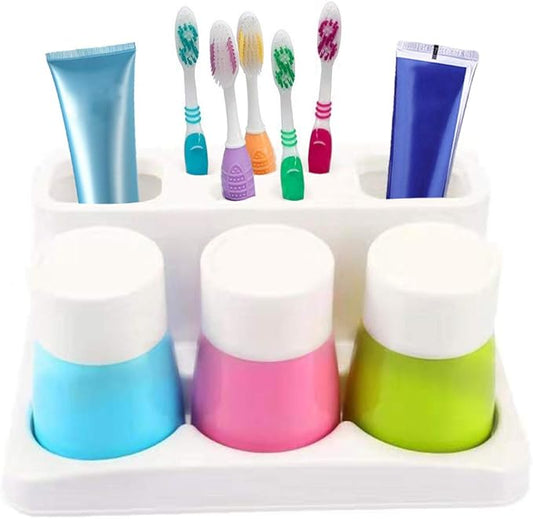 Toothbrush Holder 5 Hole Toothpaste Stand Bathroom Organizer with 3 Rinse cups for Family Set