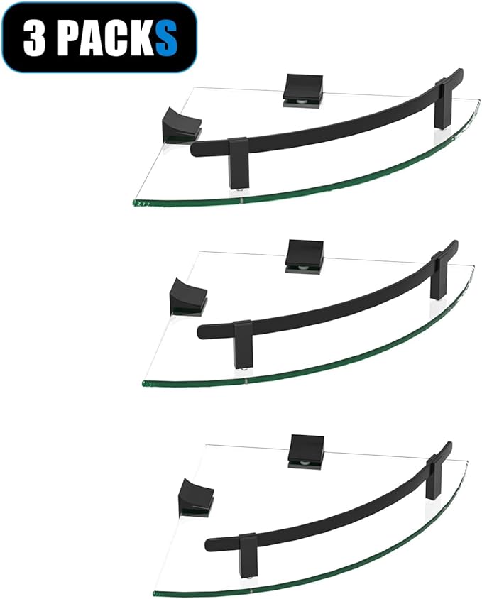 Glass Corner Shelf for Bathroom Corner Shelf, 3 Pack Tempered Glass Shelf with Black Metal Rails，Suitable for Bathroom