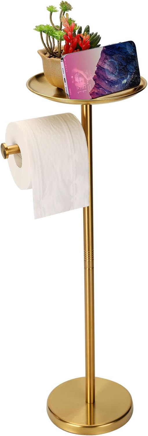 Toilet Paper Holder Stand Gold with Shelf on Top, Sturdy TP Roll Holder Floor Standing, Stainless Steel Base (Gold)