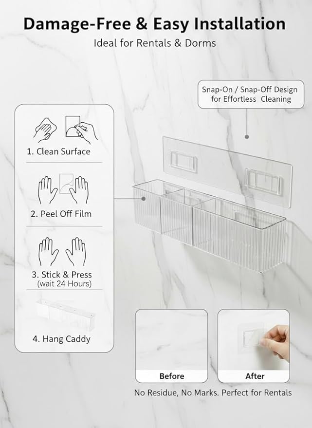 2-Pack Slim Wall Mounted Bathroom Organizer, 2.3" Deep Narrow Mirror Side Vanity Storage Adhesive Shelf, Clear Ribbed Floating Caddy for Toothbrush & Small Items, No-Drill