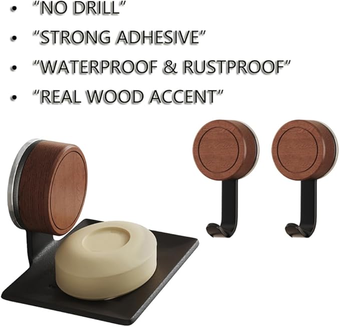Soap Dish, Walnut and Stainless Steel, Soap Bar Holder for Shower Suction Cup Wall Mounted, No-Drilling Waterproof Sponge Holder (Black with Wall Hooks)