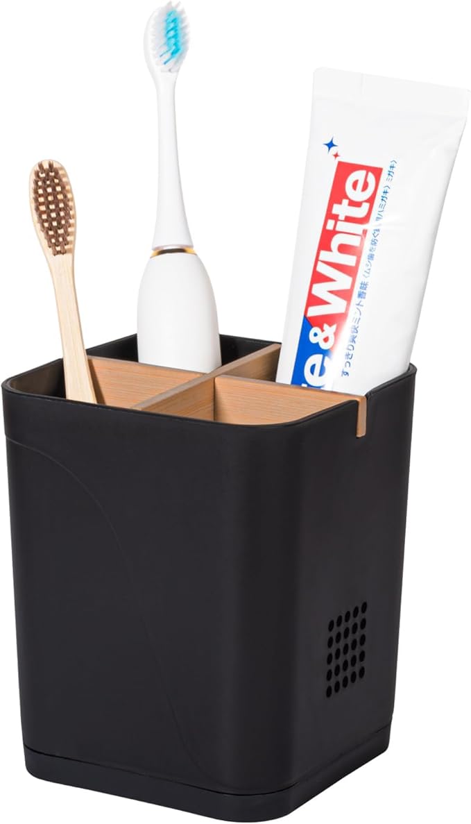 Toothbrush Holders Drainage for Bathrooms, 4 Slots Tooth Brushing Holder with Bamboo Dividers Plastic Electric Toothbrush and Toothpaste Caddy Organizer for Sink, Counter, Shower, Vanity, Black