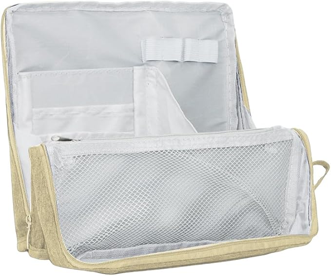 standing Makeup Bag, Compact Yet Spacious Cosmetic Organizer, Waterproof Toiletry Bag with Divider, Brush Holder, Upright Design & Phone/Mirror Holder, Portable Travel Case,Beige