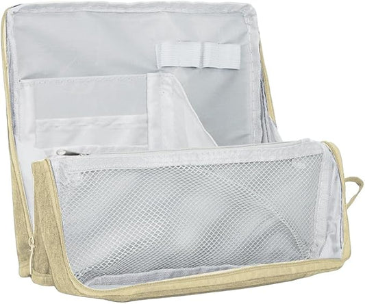 standing Makeup Bag, Compact Yet Spacious Cosmetic Organizer, Waterproof Toiletry Bag with Divider, Brush Holder, Upright Design & Phone/Mirror Holder, Portable Travel Case,Beige