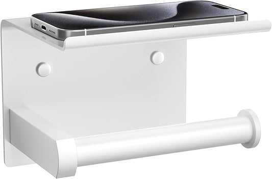 Tindbea Toilet Paper Holder with Phone Shelf, Adhesive or Screw Wall Mount Toilet Tissue Roll Holder, Rustproof & Multifunctional Stainless Steel Bathroom Storage Dispenser (White)