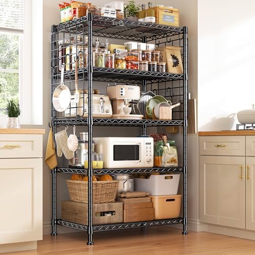 DurayLoly Storage Shelves with Hooks, Metal Shelving 5 Tier Adjustable, 2 Side Panels, Shelving Unit Easy Assemble, Storage Rack 530LBS, Wire Shelving for Kitchen, Pantry, 29.5" W x 11.8" D x 59.1" H