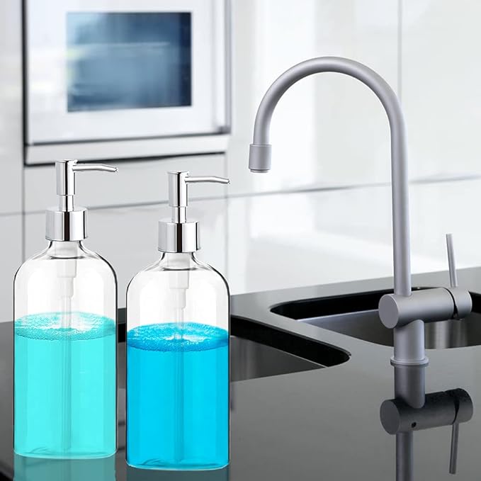 Clear Soap Dispenser with Rust Proof Pump, Waterproof Labels (2 Pack,16 Oz), Plastic Hand Soap Dish Soap Dispenser for Kitchen Bathroom