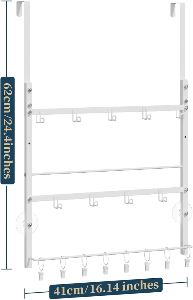 Consumest Over the Door Organizer - 3 Tier Door Hanger Hooks for Hanging Clothing, 24 Inches Long Coat Hanger for Bedroom, Bathroom, Laundry or Dorm Room, White
