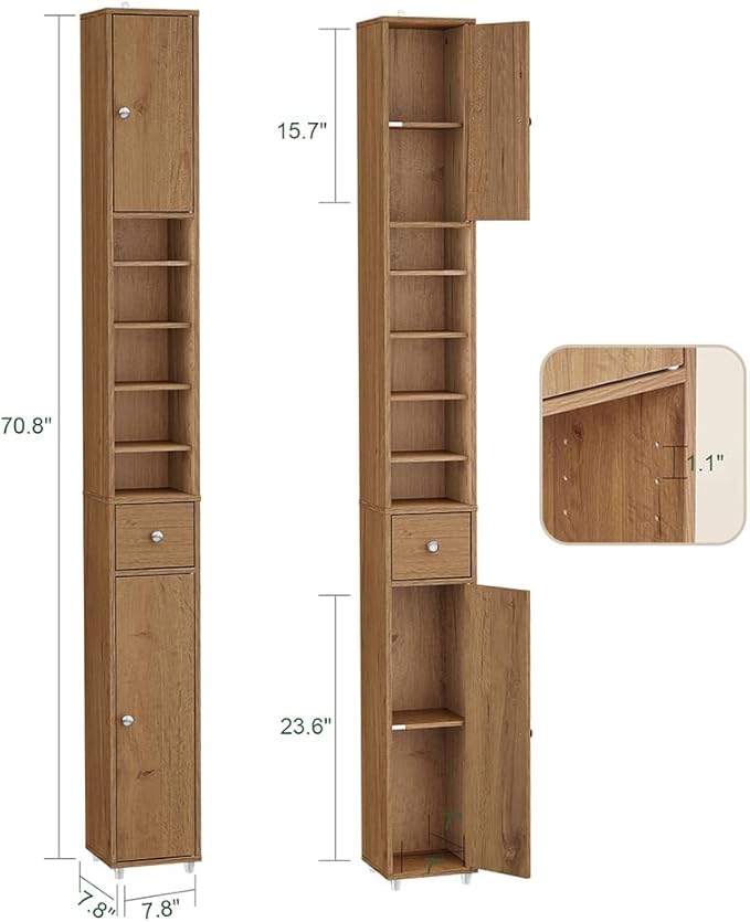 Haotian Bathroom Narrow Storage Cabinet Skinny Tall Unit with Adjustable Shelves Slender Anti-Tipping Floor Standing Cupboard, Natural BZR34-PF