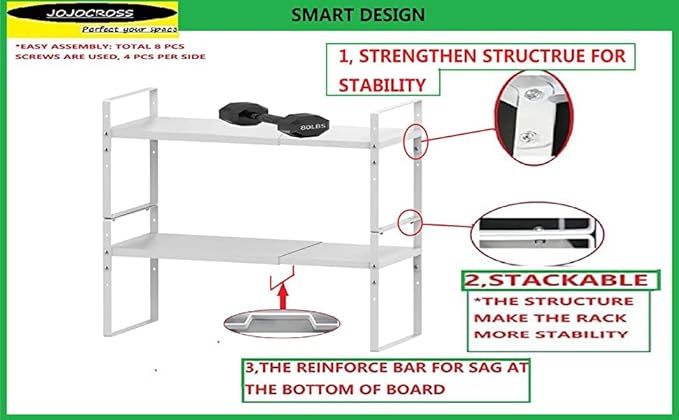 Jojocross Expandable,Stackable Spice Rack,Seasoning Organizer and Storage,Spices Jar Racks for Cabinet,Countertop, Metal Pantry, Cupboard,Laundry Storages,Heavy Duty(1 PACK/MEDIUM/WHITE)
