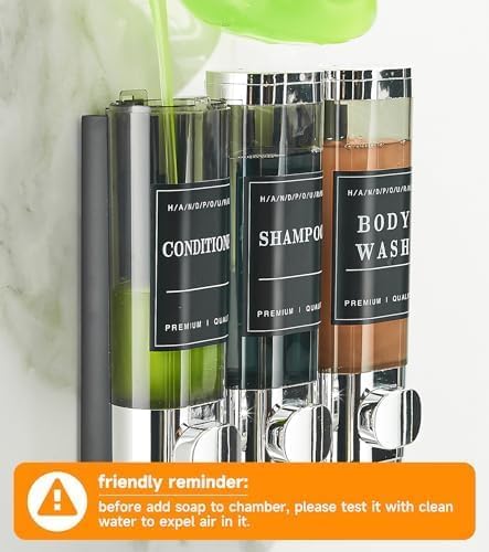 Shower Soap Dispenser Wall Mounted No Drill Shampoo Dispenser for Shower Wall Shampoo and Conditioner Dispenser Bathroom Hotel 3 * 300ml Chrome with Labels
