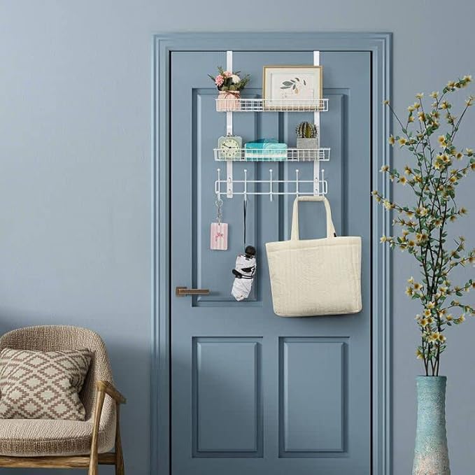 Over The Door Hanger Organizer with 2 Mesh Baskets & 5 Towel Hooks, Detachable Behind The Door Storage Towel Rack for Coats, Hats, Handbags, Easy Install Metal Hanging Hook Coat Rack Shelf, White