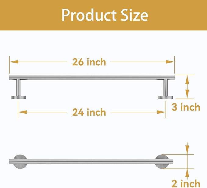 Brushed Nickel Towel Bar, 24 Inch Bathroom Towel Rack, Towel Holder Wall Mounted, Thicken SUS304 Stainless Steel Towel Rod Modern Home Decor (Total Length 26 Inch)