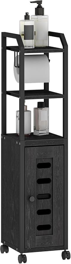 Hzuaneri Bathroom Storage Cabinet - Toilet Paper Storage Cabinet, Small Toilet Paper Holder with 4 Wheels, Bathroom Organizer with Adjustable Shelf, for Small Spaces, Black BC04604X