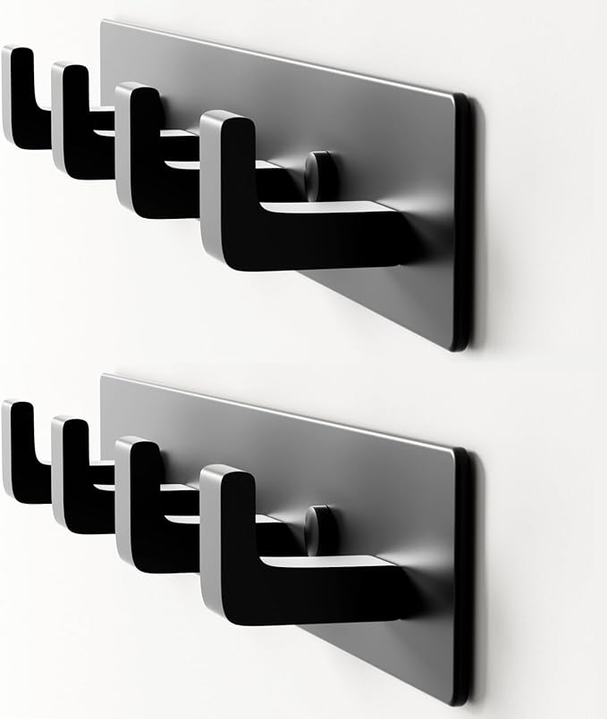 GWAAZXGZ Black Coat Rack Wall Mount - 12.5 inch Modern Metal Hook Rail with 4 Right-Angle Hooks, Drill-Mounted Organizer for Coats, Hats, Bags in Entryway, Bathroom, Bedroom (2 Pack)
