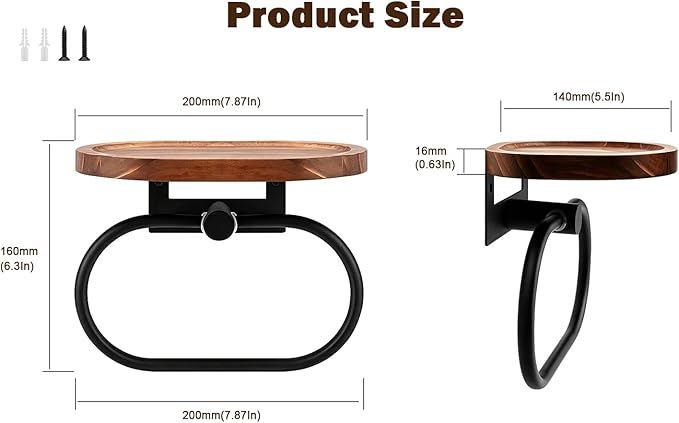 Hand Towel Ring with Shelf, Stainless Steel Hand Towel Holder, Heavy Duty Bath Accessories, Wall Mounted Towel Hanger for Bathroom Kitchen (Wood Black)