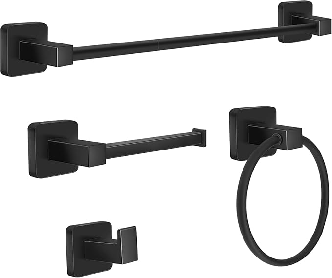 Bathroom Hardware Set 4 Pieces, Matte Black Stainless Steel Towel Bar Set, Includes 20In Towel Bar, Towel Ring, Robe Towel Hooks,Toilet Paper Holder, Bathroom Towel Rack Set