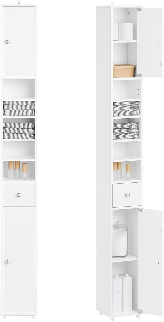 Haotian Bathroom Skinny Tall Storage Cabinet, Slim Stand Narrow Tower Cabinet with Adjustable Shelves for Small Spaces, White BZR167-GW