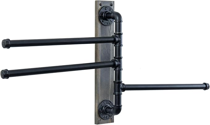 MyGift 17.3 Inch Wall Mounted Bathroom Swivel Towel Rack on Vintage Gray Solid Wood Board, 3 Tier Industrial Black Metal Pipe Bars with 180 Degree Swing for Towels