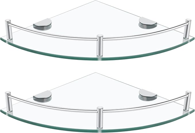 Glass Bathroom Shelves - Set of 2 Corner Shelves, Shower and Wall Mount, Floating Glass Shelves for Bathroom, Kitchen, Living Room (Silver)