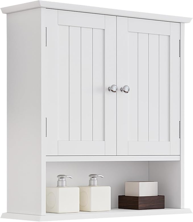 Bathroom Wall Cabinet, Bathroom Cabinet Wall Mount with 2 Doors and Open Shelf, Over The Toilet Wall Storage Cabinet, Bathroom Medicine Cabinet
