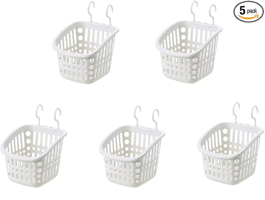 5PCS Plastic Hanging Baskets for Shower, Hanging Basket Organizer with Hooks, Square 6.3Inches Small Hanging Storage Basket (Grey)