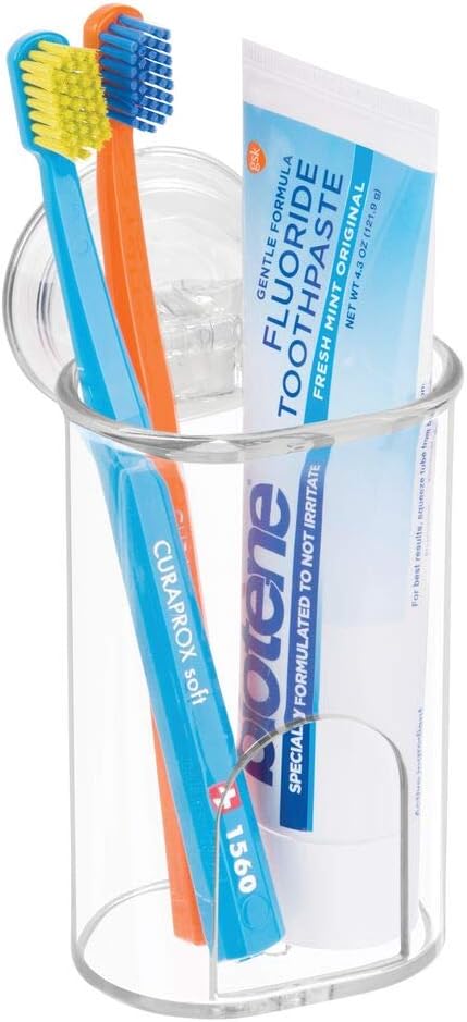 mDesign Compact Plastic Suction Storage Center for Bathroom Organization of Toothbrushes, Electric Toothbrushes, Razors - 2 Pack - Clear