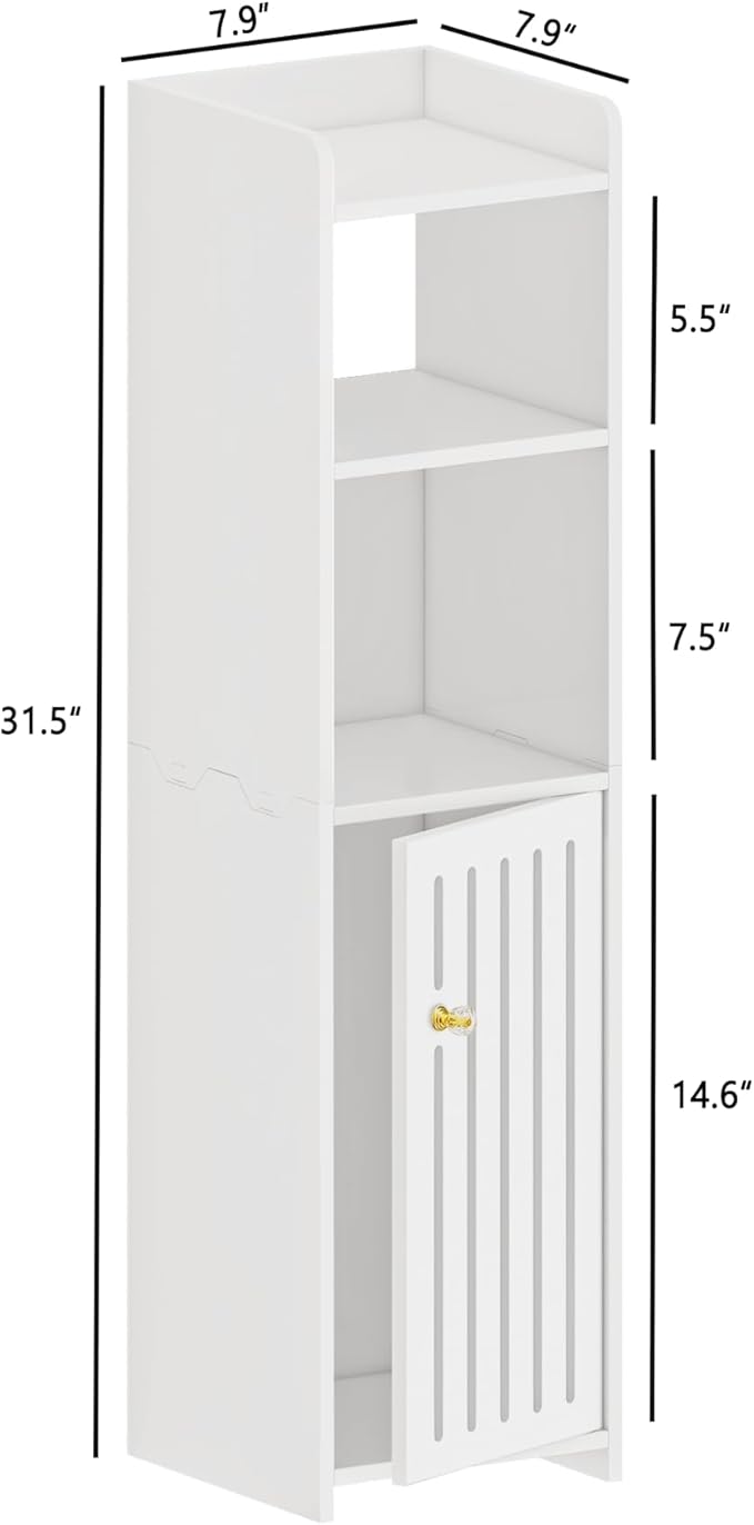 Narrow Bathroom Storage Cabinet, 4-Tier Slim Bathroom Organizers with Door and Open Shelf for Toilet Bathroom Small Spaces (7.9" D x 7.9" W x 31.5" H)