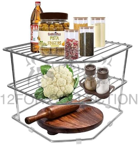 Stainless Steel 3-Tier Countertop Storage Rack For Corners, Multipurpose Stainless Steel Kitchen Plate Dish Corner Shelf Rack Stand Holder, Corner Shelf Organizer, Kitchen Organizers
